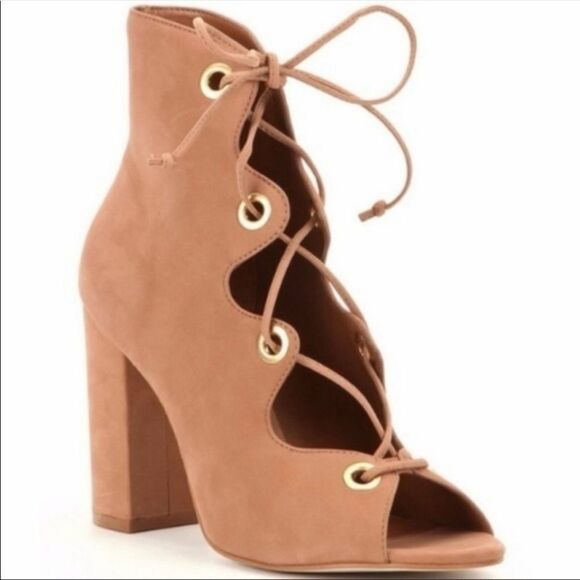 Steve Madden Carusso Tan Peep Toe Lace Up Heeled Bootie Size 8 - Picture 1 of 14